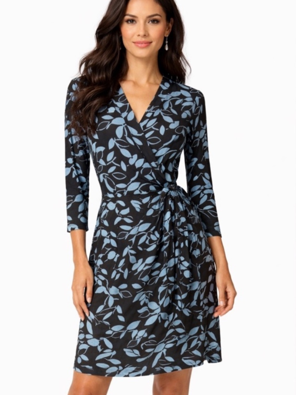 BCBG MaxAzria Blue Black Leaf Print Wrap Dress Long Sleeve XS